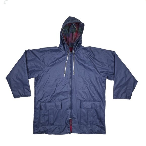 Misty Harbor Vintage Any Weather Slicker Hooded Raincoat Navy Red Plaid Size L - Picture 3 of 11